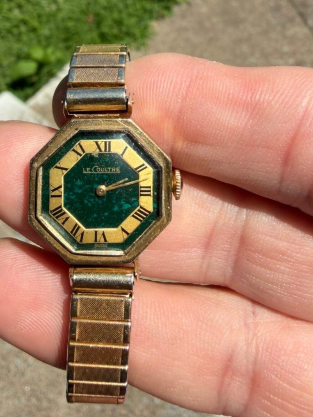 LeCoultre Vintage Ladies Wristwatch Octagonal Green Marble Dial Roman Numerals